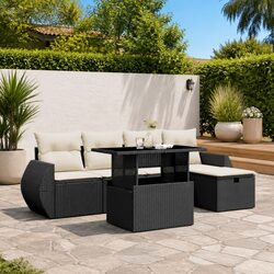 Black Modular 6 Piece Garden Sofa Set with Tempered Glass