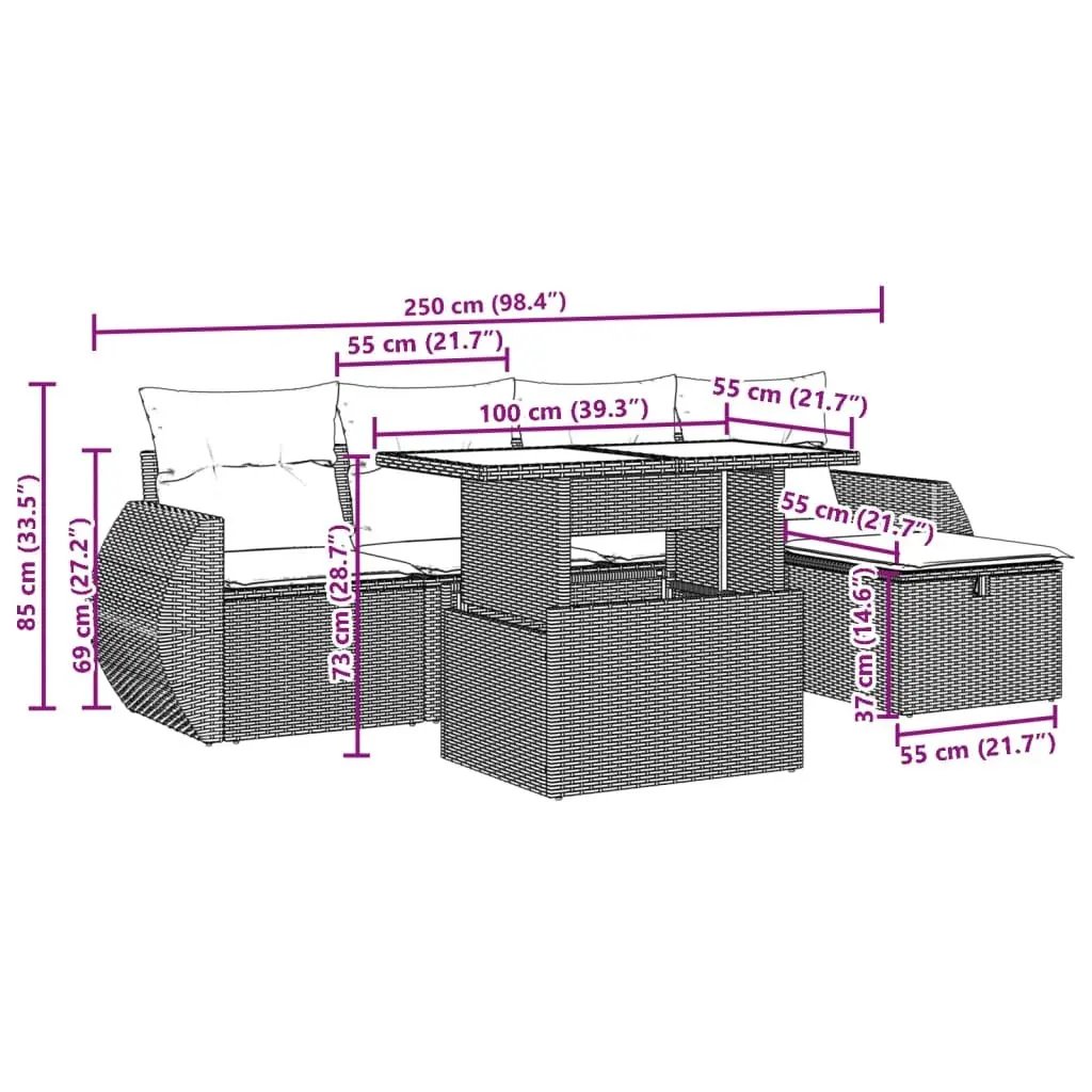 Black Modular 6 Piece Garden Sofa Set with Tempered Glass