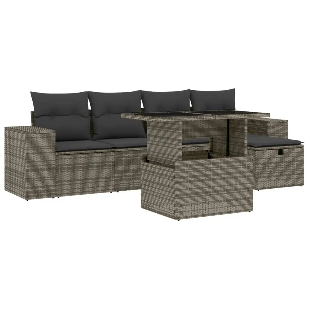Garden Sofa Set PE Rattan 6 Piece Grey Modular Outdoor Patio Furniture with Cushions
