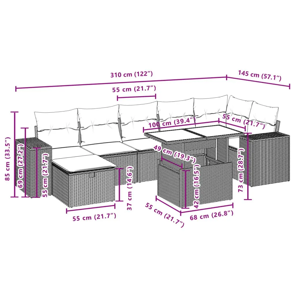Garden Sofa Set PE Rattan 8 Piece Outdoor Furniture Black with Cushions