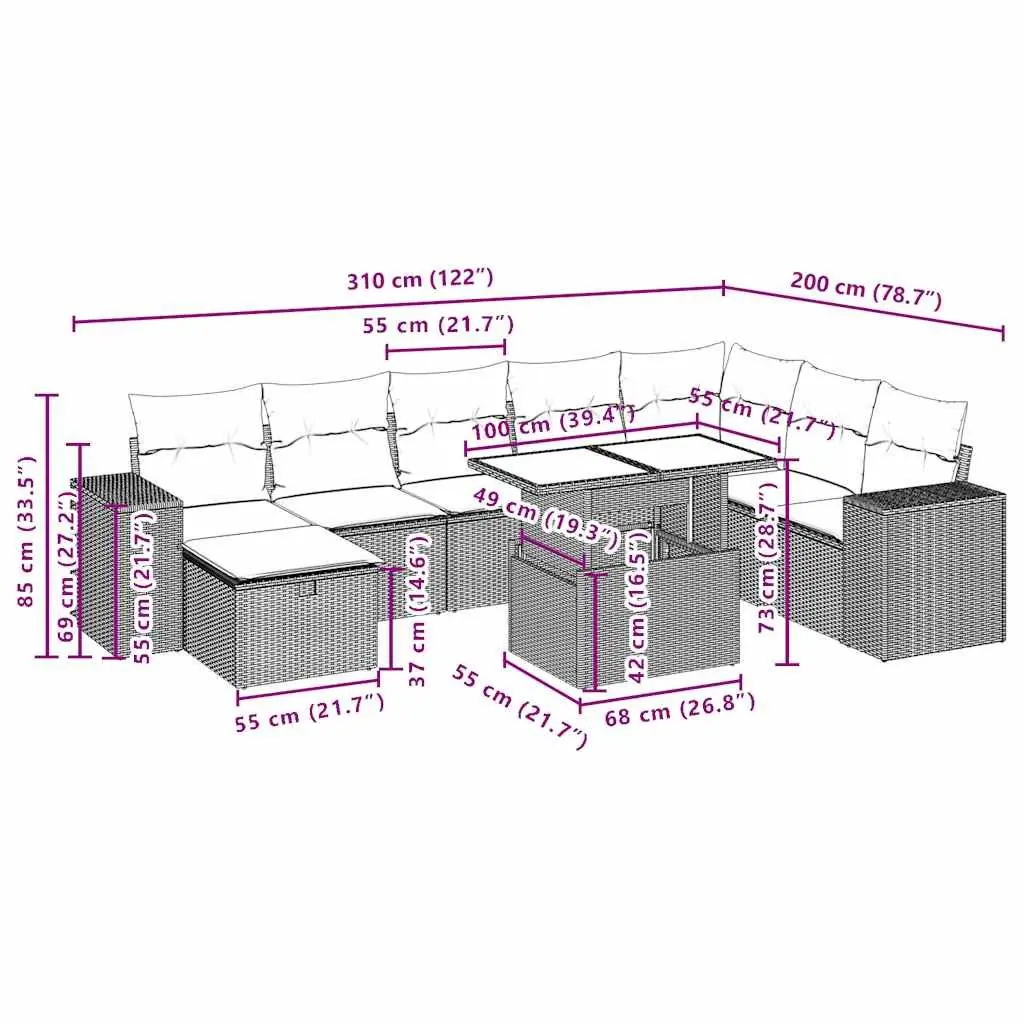 9 Piece Modular Garden Sofa Set in Black