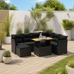 Sturdy 8-Piece Garden Sofa Set with Cushions in Black Rattan