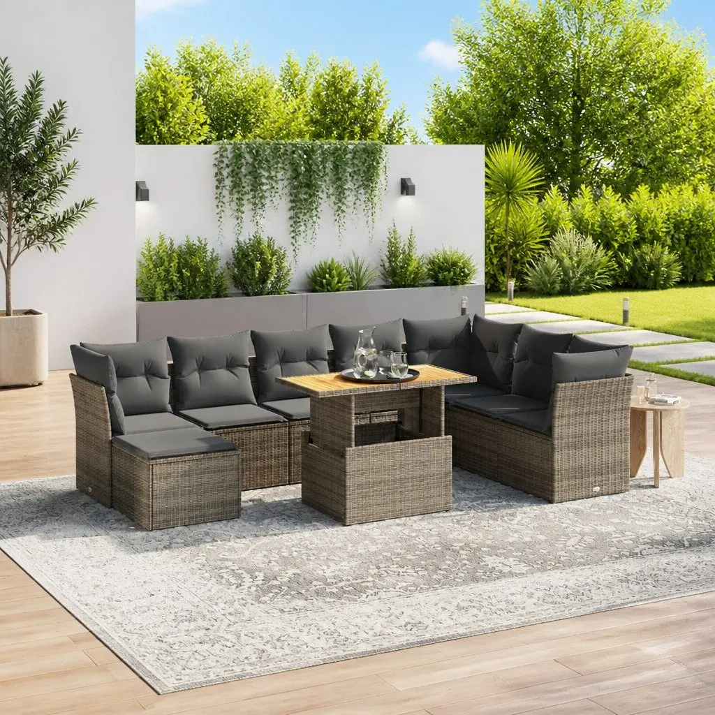 9-Piece Grey Modular Rattan Garden Sofa Set