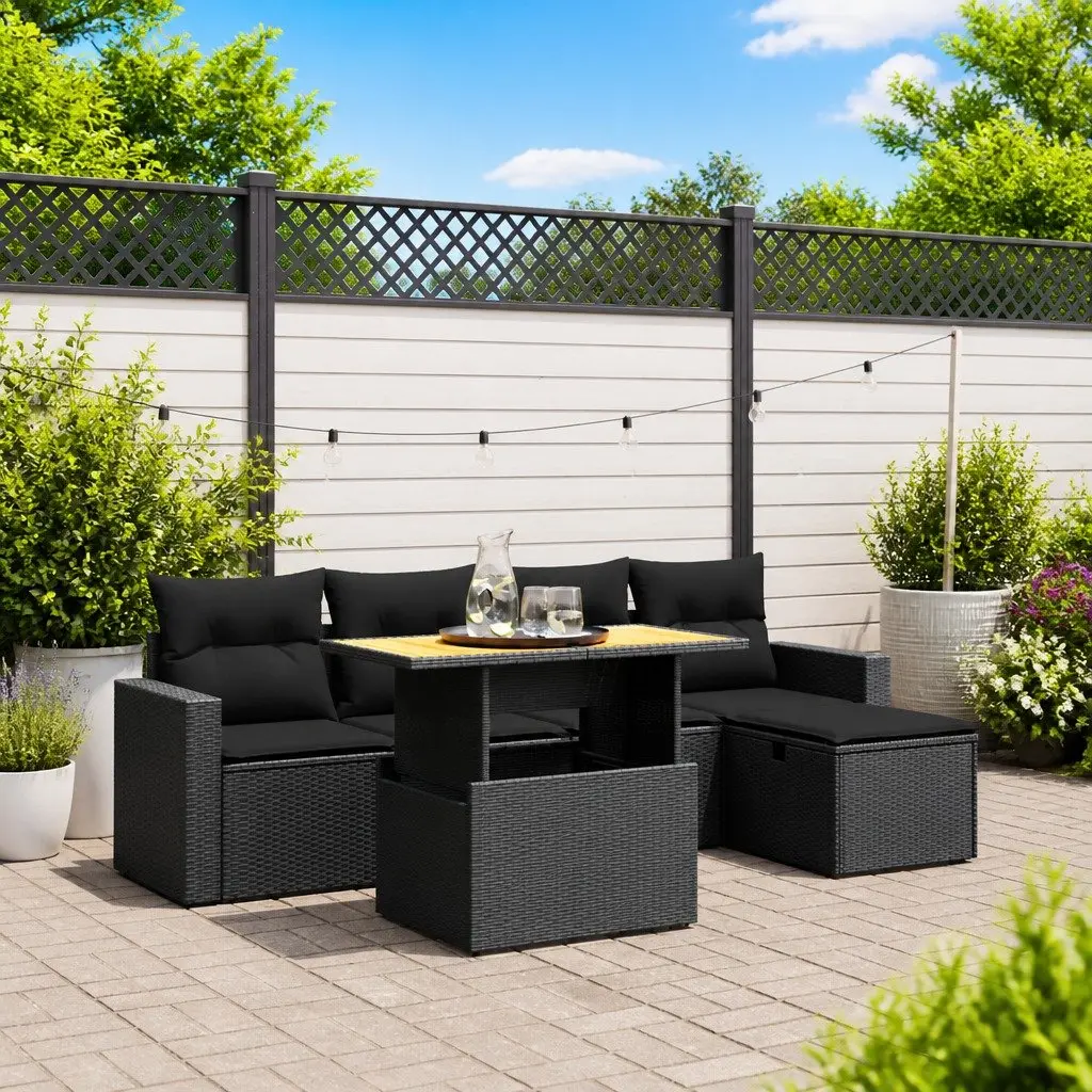 Garden Sofa Set PE Rattan 6 Piece Outdoor Furniture Black with Cushions