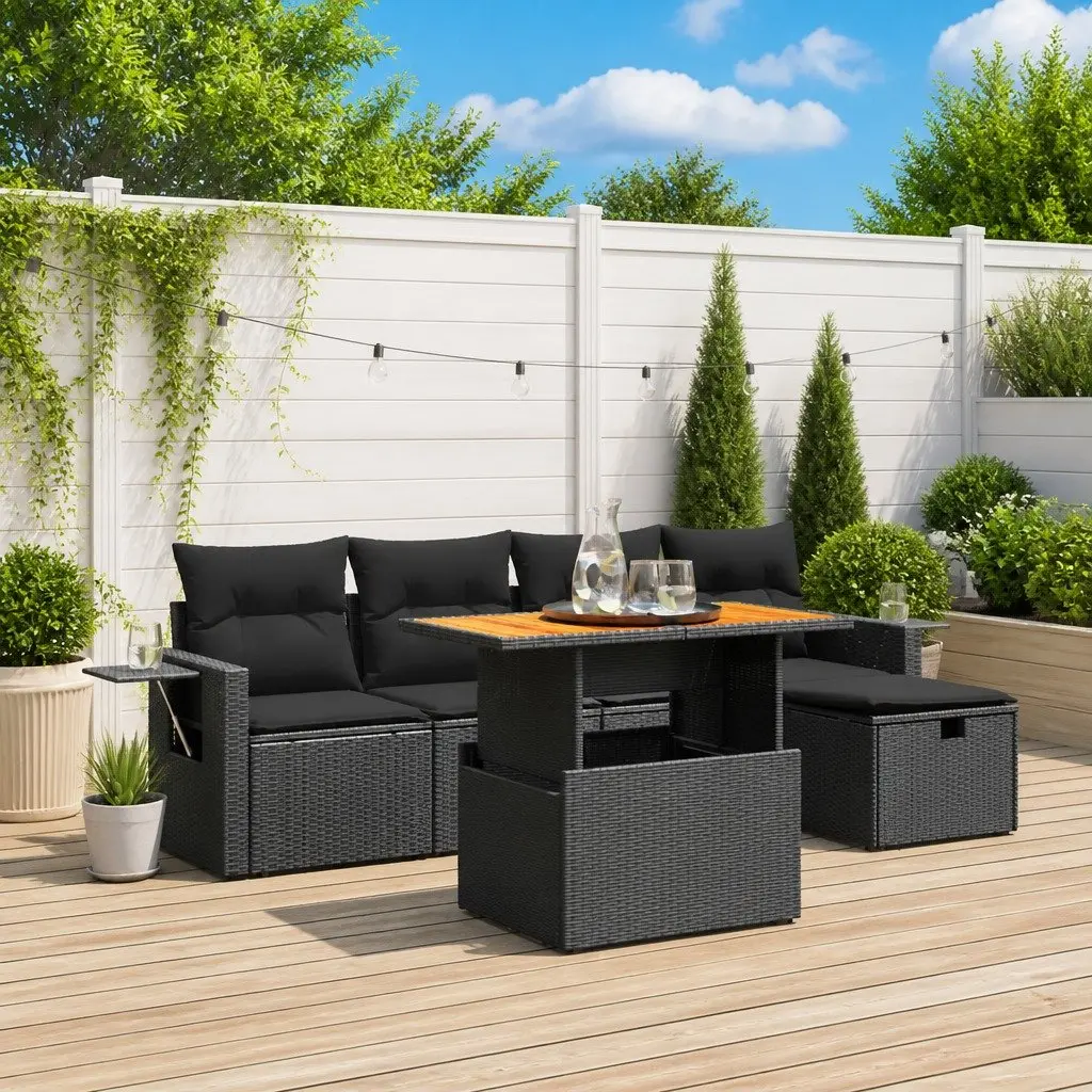 Garden Sofa Set PE Rattan 6 Piece Outdoor Furniture Black Modular Patio