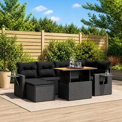 Black Poly Rattan 7 Piece Garden Sofa Set with Cushions