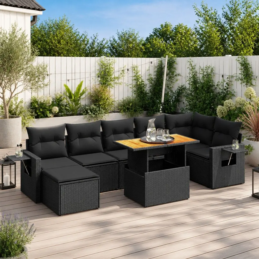 Garden Sofa Set PE Rattan 8 Piece Outdoor Furniture Modular with Cushions Black