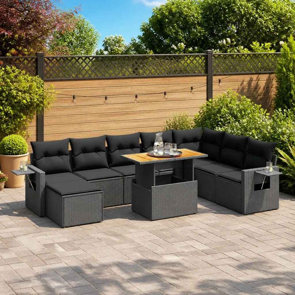 Black 9-Piece Rattan Garden Sofa Set