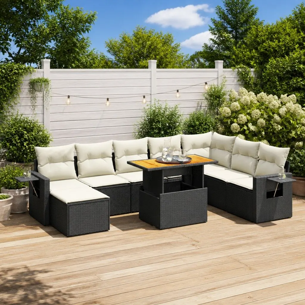 Garden Sofa Set PE Rattan 9 Piece Outdoor Furniture Adjustable Table Black