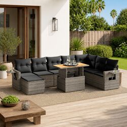 Durable Grey Poly Rattan 9-Piece Garden Sofa Set
