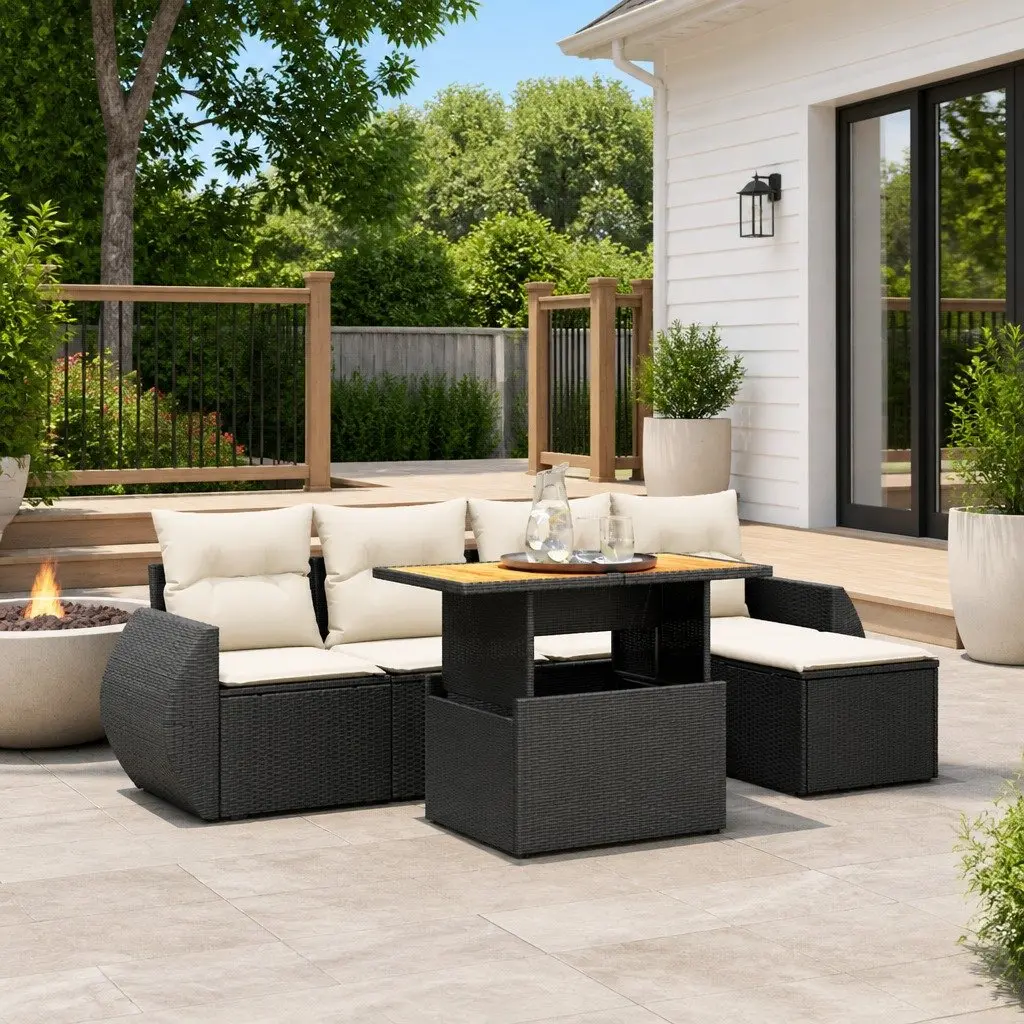 6-Piece Outdoor Black Rattan Sofa Set
