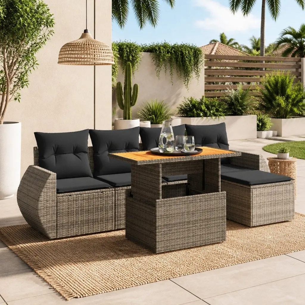 Modular Grey Garden Sofa Set 6 Pieces with Cushions