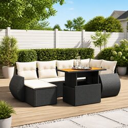 Black Poly Rattan 7 Piece Garden Sofa Set with Cushions