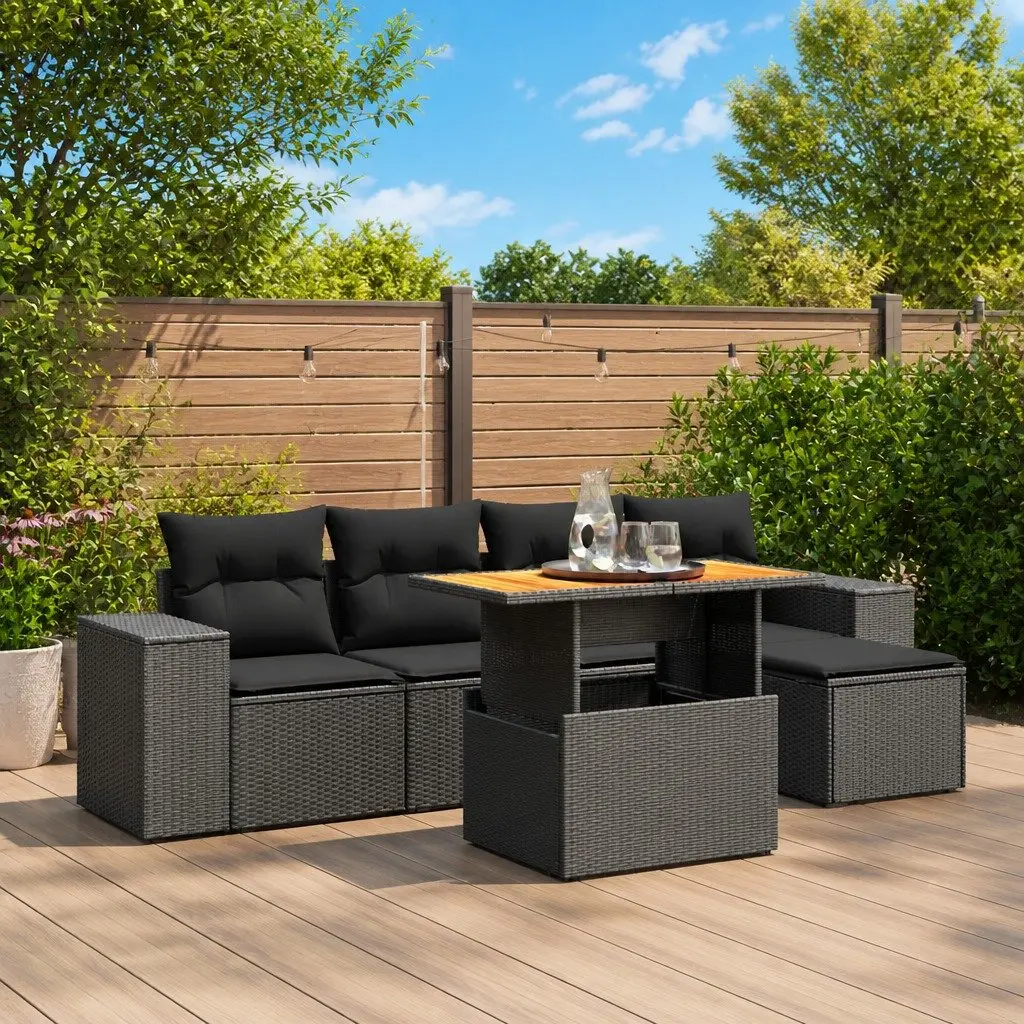 Garden Sofa Set PE Rattan 6 Piece Outdoor Furniture Black with Cushions