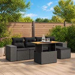 6 Piece Black Poly Rattan Garden Sofa Set with Cushions