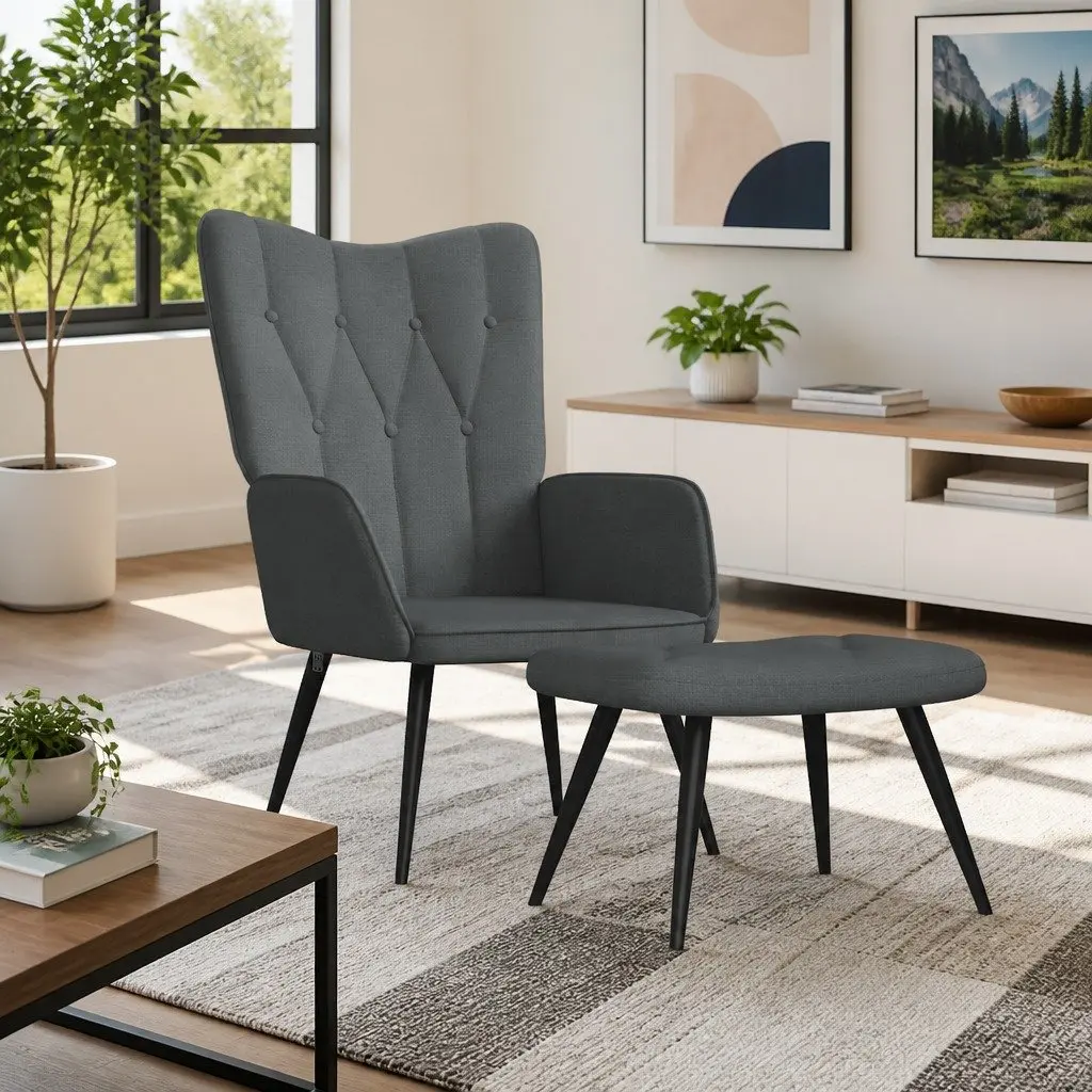 Grey Fabric Armchair with Stool
