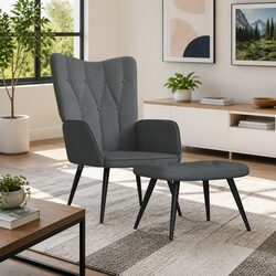 High-Quality Grey Fabric Armchair with Stool