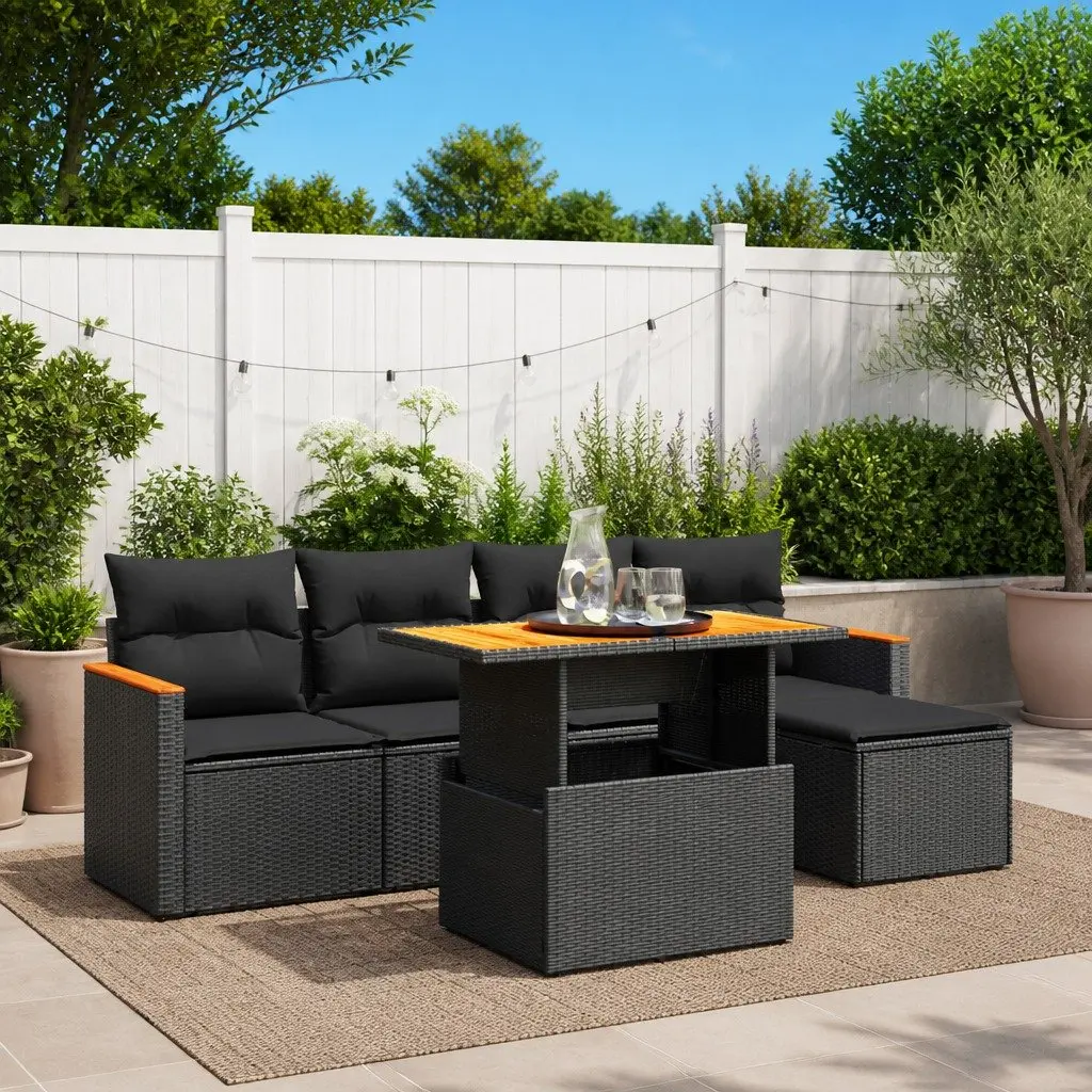 6-Piece Black Poly Rattan Garden Sofa Set