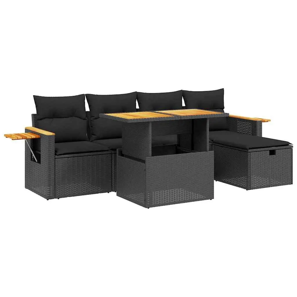 6-Piece Black Poly Rattan Garden Sofa Set