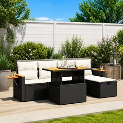 6-Piece Black Poly Rattan Garden Sofa Set with Cushions