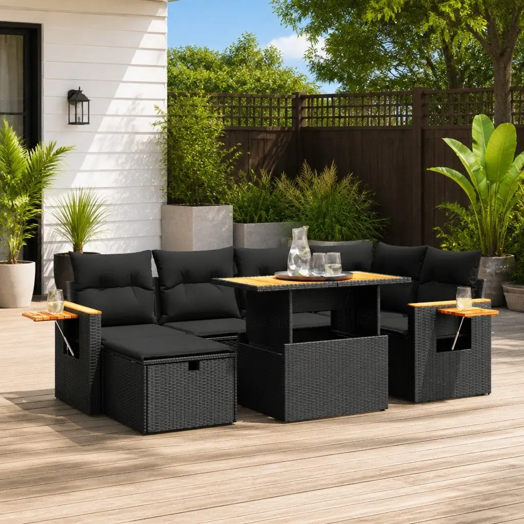 7 Piece Garden Sofa Set PE Rattan Black Modular Outdoor Furniture with Cushions