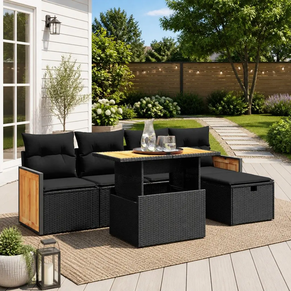 6 Piece Black Poly Rattan Garden Sofa Set with Cushions