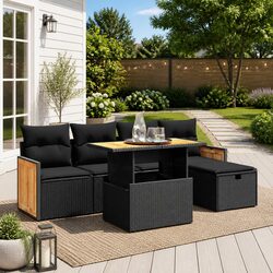 6 Piece Black Poly Rattan Garden Sofa Set with Cushions
