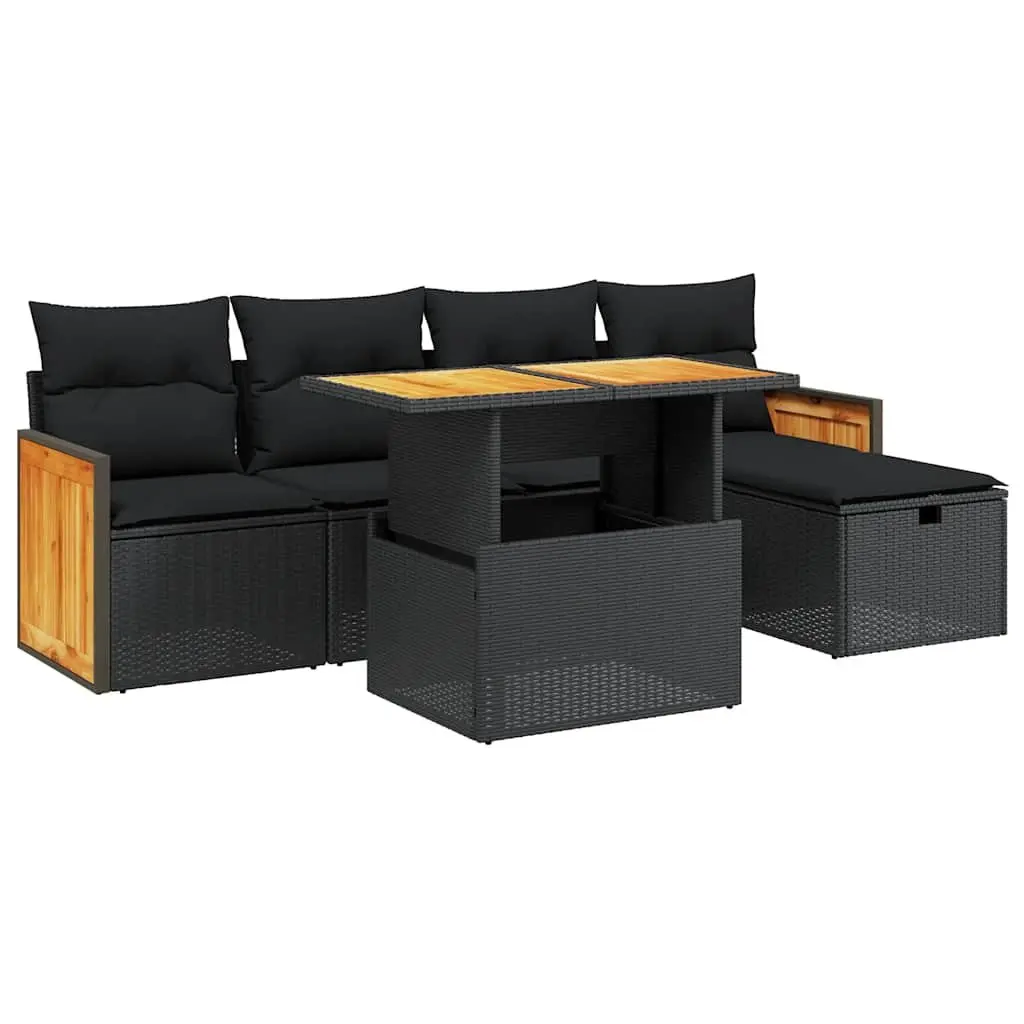6 Piece Black Poly Rattan Garden Sofa Set with Cushions