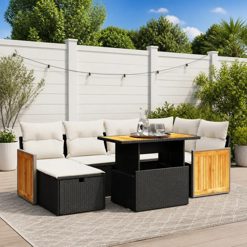 7 Piece Outdoor Sofa Set PE Rattan Black Modular Furniture with Cushions