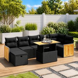 8-Piece Black Poly Rattan Garden Sofa Set for Outdoors