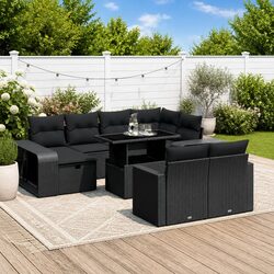 11-Piece Black Poly Rattan Outdoor Garden Sofa Set