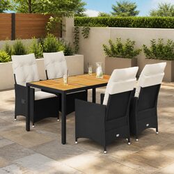 5 Piece Black Poly Rattan Garden Dining Set with Cushions