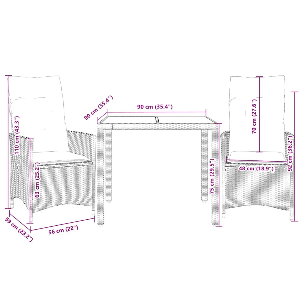Outdoor Bistro Set 3 Piece Garden Furniture Black