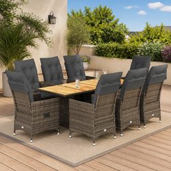 9 Piece Grey Poly Rattan Garden Dining Set with Cushions