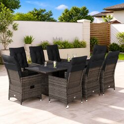 9-Piece Grey Poly Rattan Garden Dining Set with Cushions