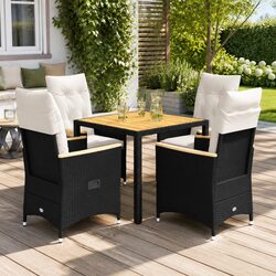 5 Piece Outdoor Black Poly Rattan Dining Set with Cushions