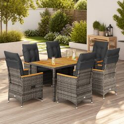 7 Piece Grey Poly Rattan Garden Dining Set with Cushions