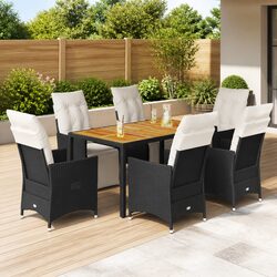 7-Piece Garden Dining Set with Cushions in Black Rattan