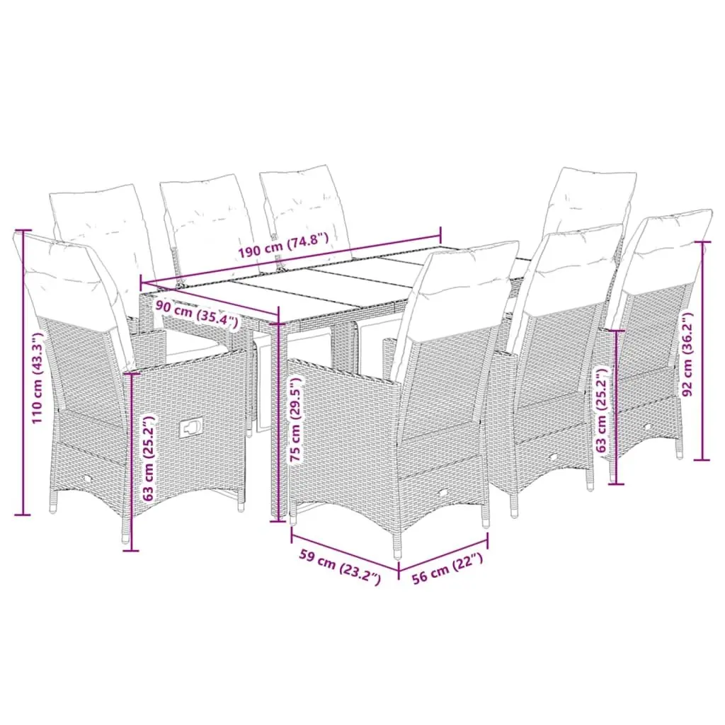 Garden Dining Set PE Rattan 9 Piece Outdoor Furniture Black with Cushions
