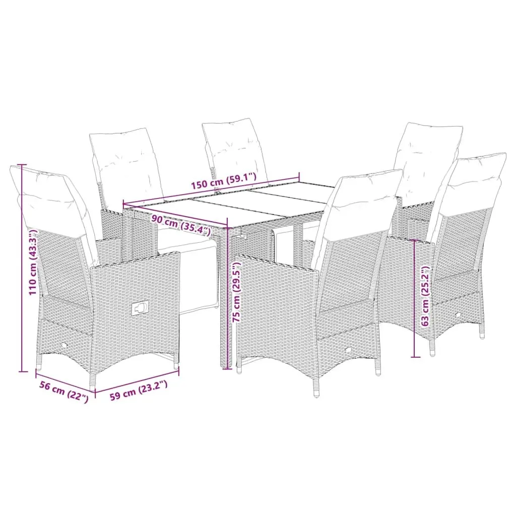 Garden Dining Set PE Rattan 7 Piece Black Patio Furniture with Cushions