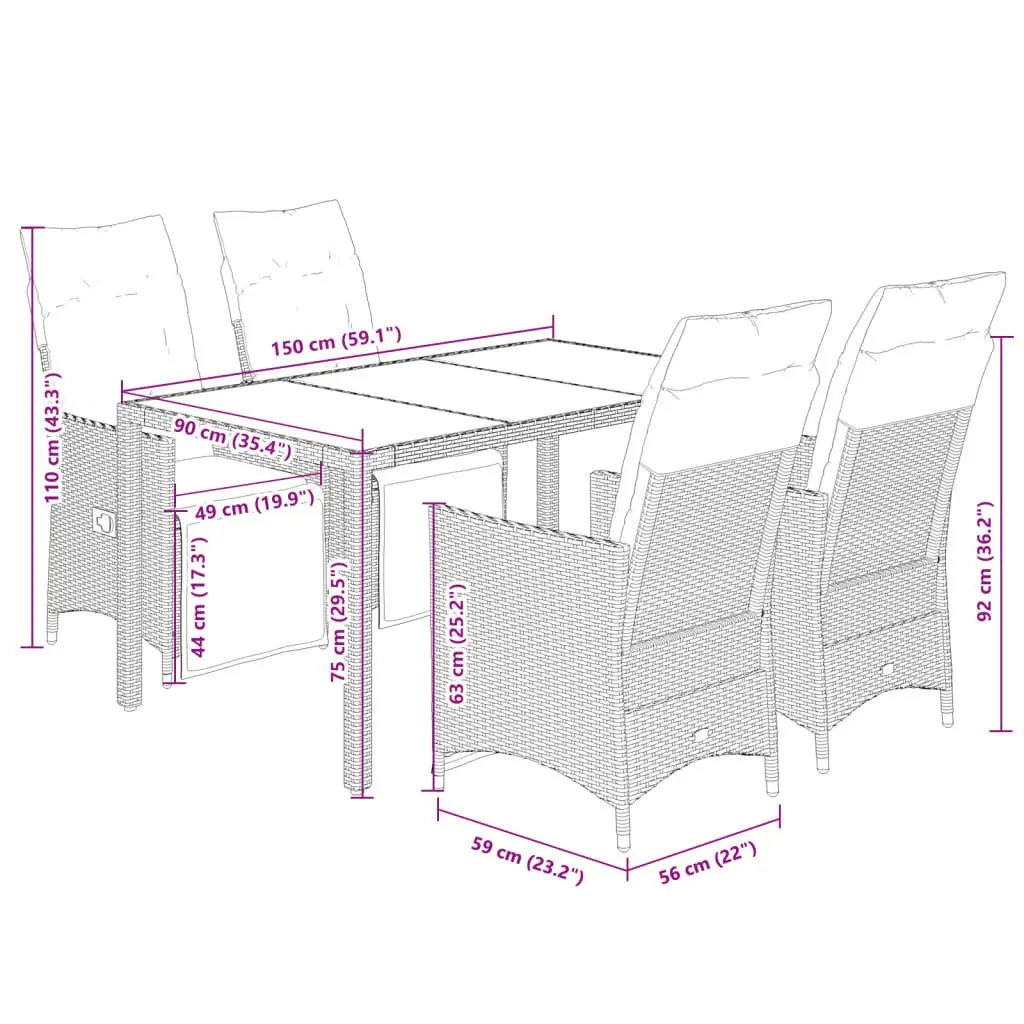 Bistro Set PE Rattan 5 Piece Outdoor Furniture Grey with Cushions
