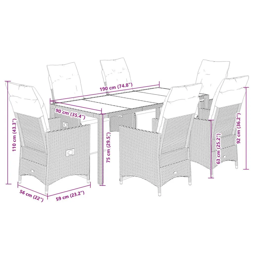 7-Piece Grey Poly Rattan Garden Bistro Set