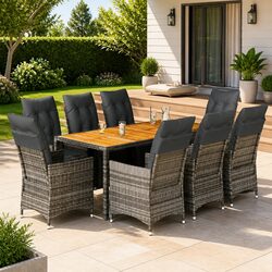 9 Piece Grey Rattan Garden Bistro Set with Cushions