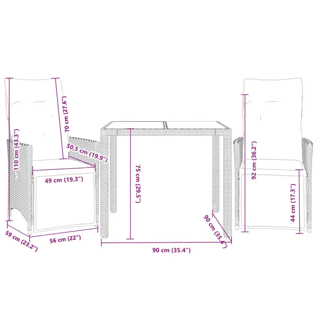 3 Piece Adjustable Garden Bistro Set in Grey