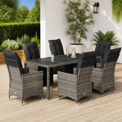7-Piece Grey Poly Rattan Garden Bistro Set with Cushions