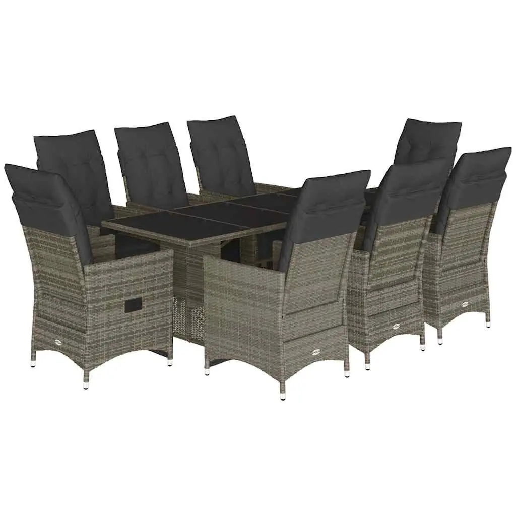 Garden Bistro Set Poly Rattan 9 Piece Outdoor Furniture Grey with Cushions