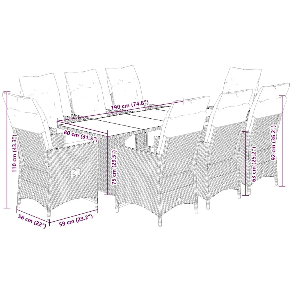 Garden Bistro Set Poly Rattan 9 Piece Outdoor Furniture Grey with Cushions
