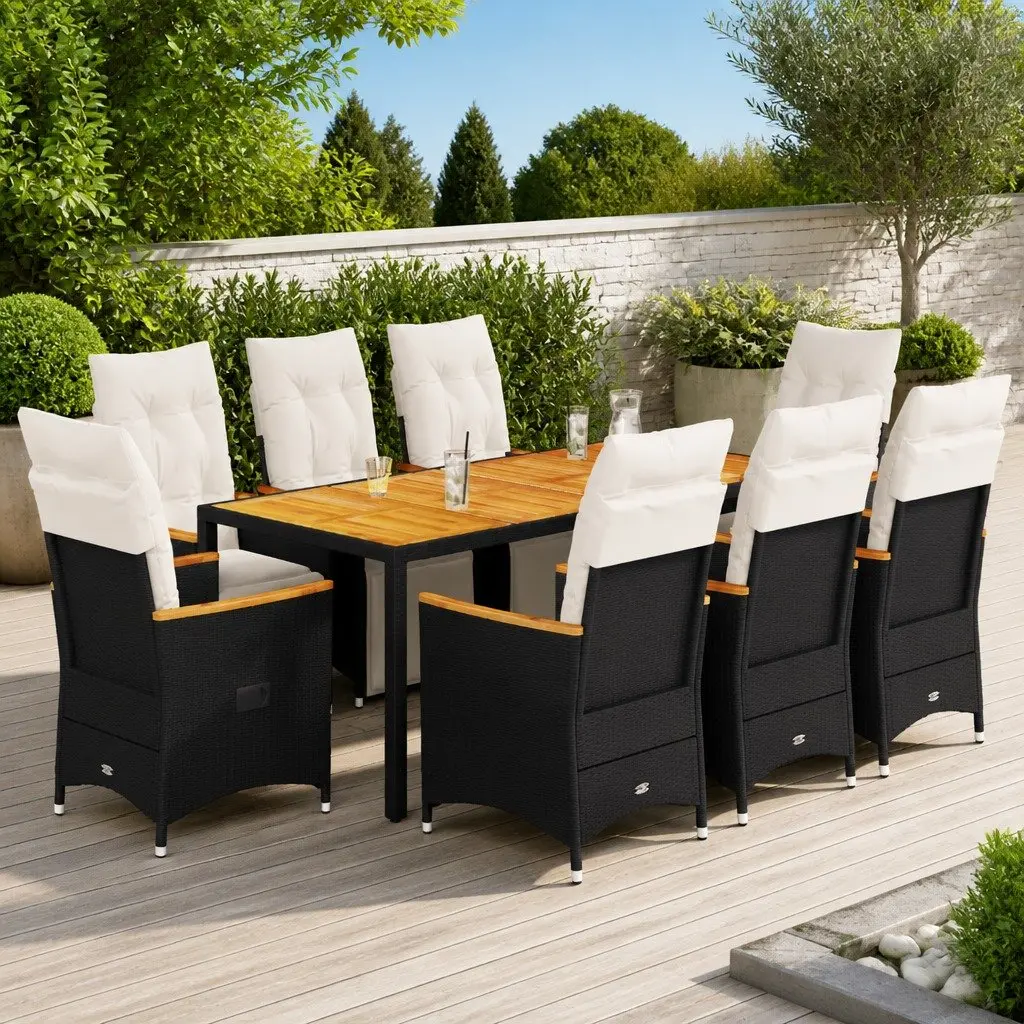 9 Piece Garden Bistro Set PE Rattan Acacia Wood Black Outdoor Furniture
