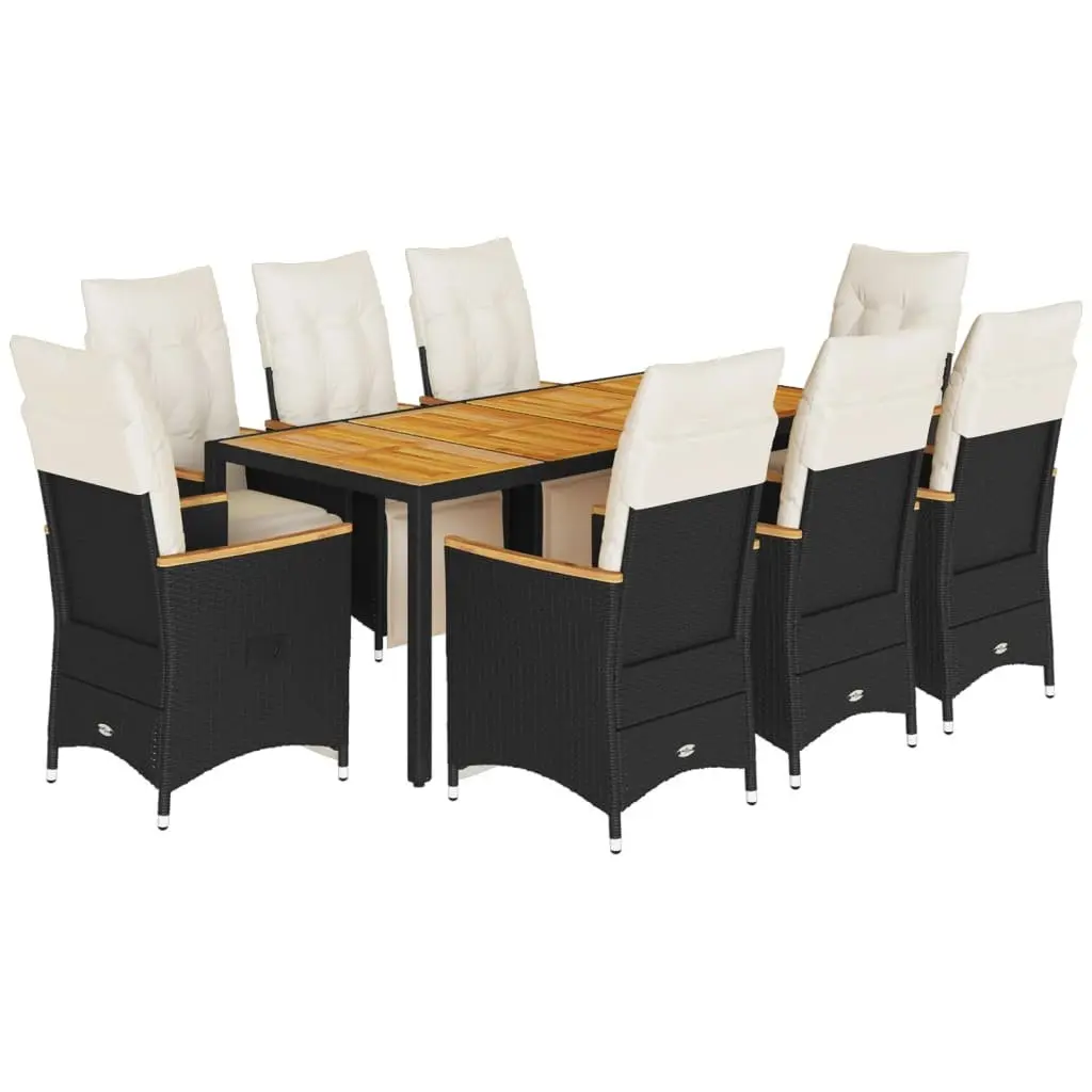 9 Piece Garden Bistro Set PE Rattan Acacia Wood Black Outdoor Furniture