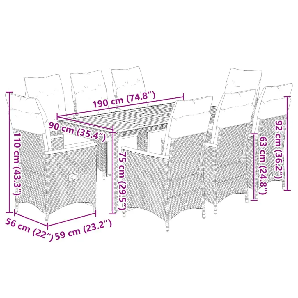 9 Piece Garden Bistro Set PE Rattan Acacia Wood Black Outdoor Furniture